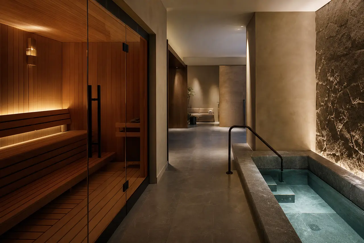 A quiet hotel spa corridor with a glass-fronted wooden sauna and a small stone cold plunge pool, soft evening light