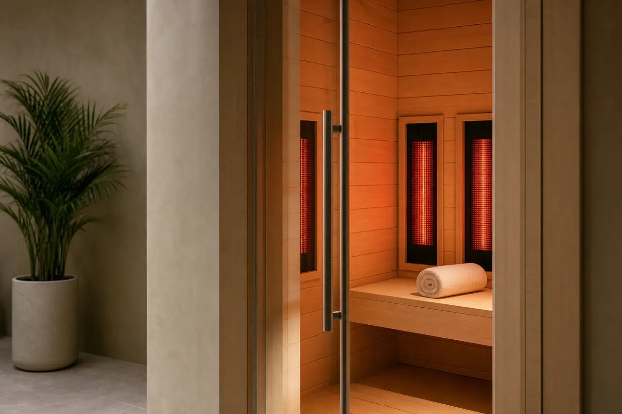 A private infrared sauna suite with a wooden bench, warm red light panels and a rolled towel, seen through an open glass door