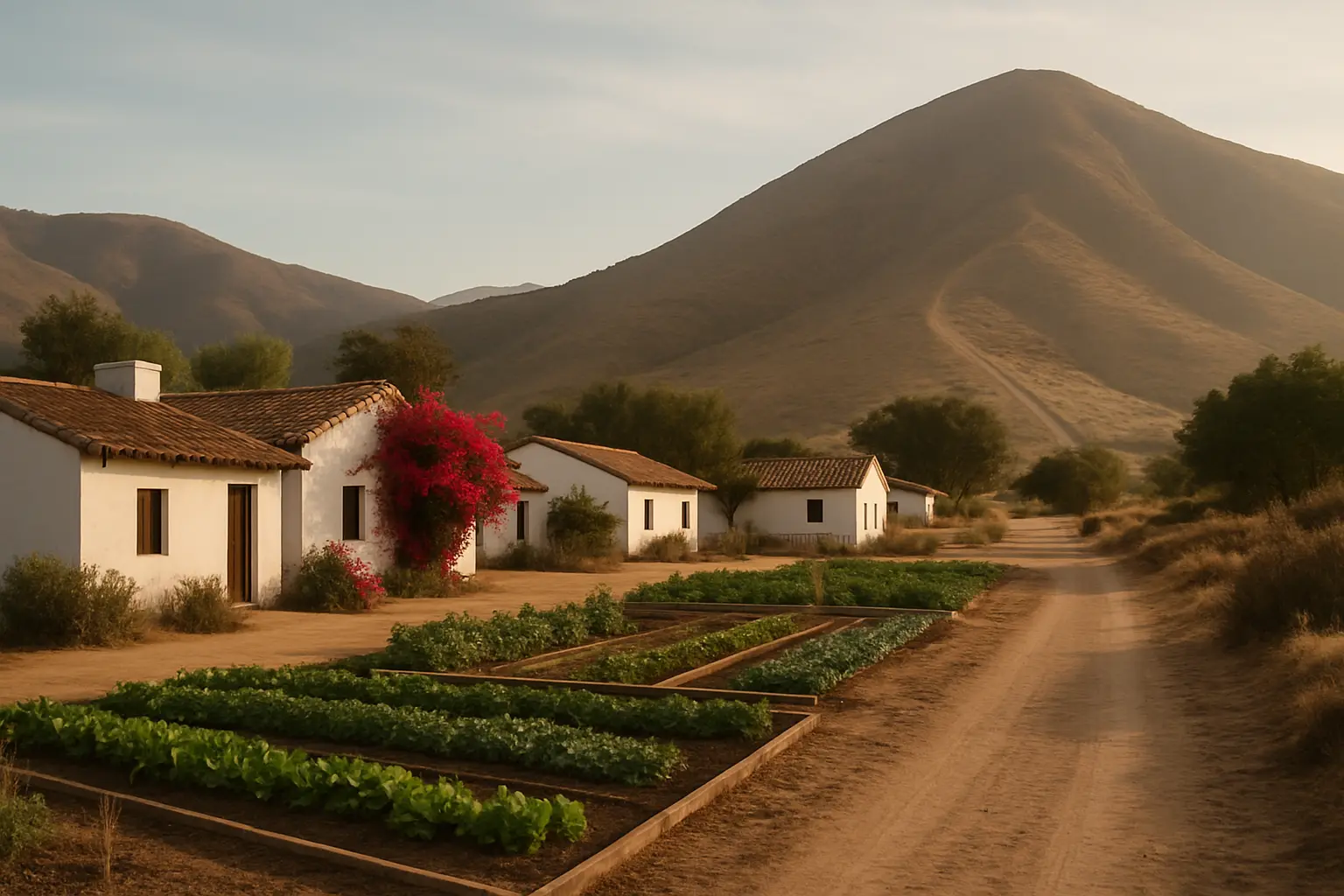 A ranch-style wellness campus in northern Baja at morning with an organic kitchen garden and a hiking track