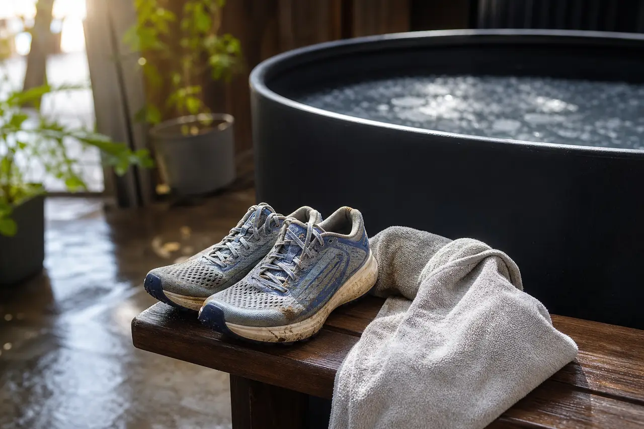 A pair of worn running shoes and a towel on a bench beside a cold plunge tub, morning light