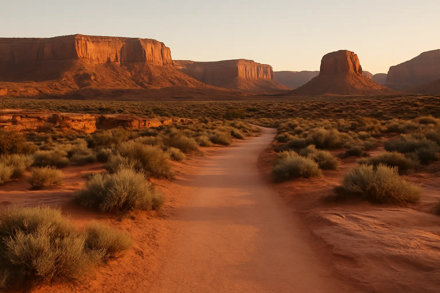 Empty southern Utah red rock mesas at first light with an unused graded hiking trail