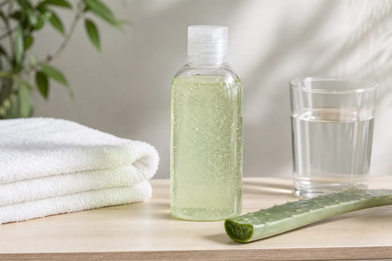 A clear bottle of aloe vera gel beside a cut aloe leaf, folded towels and a glass of water