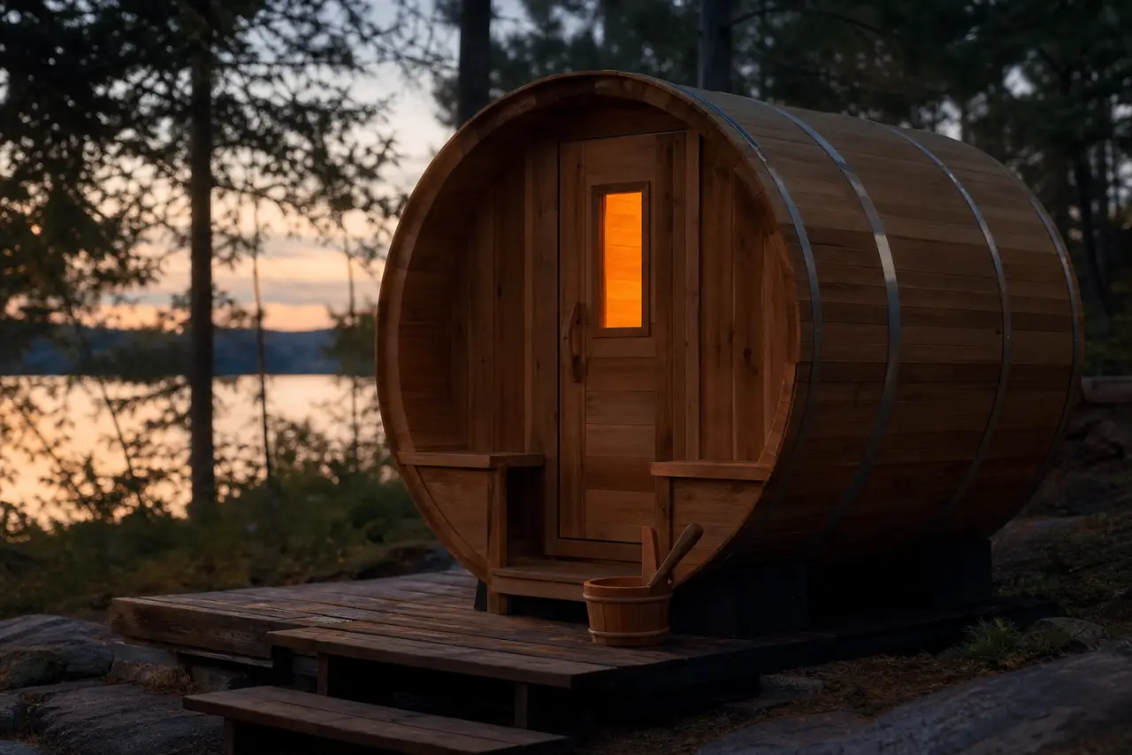 An outdoor cedar barrel sauna at dusk beside a lake, warm light in its small window and a wooden bucket and ladle on the step