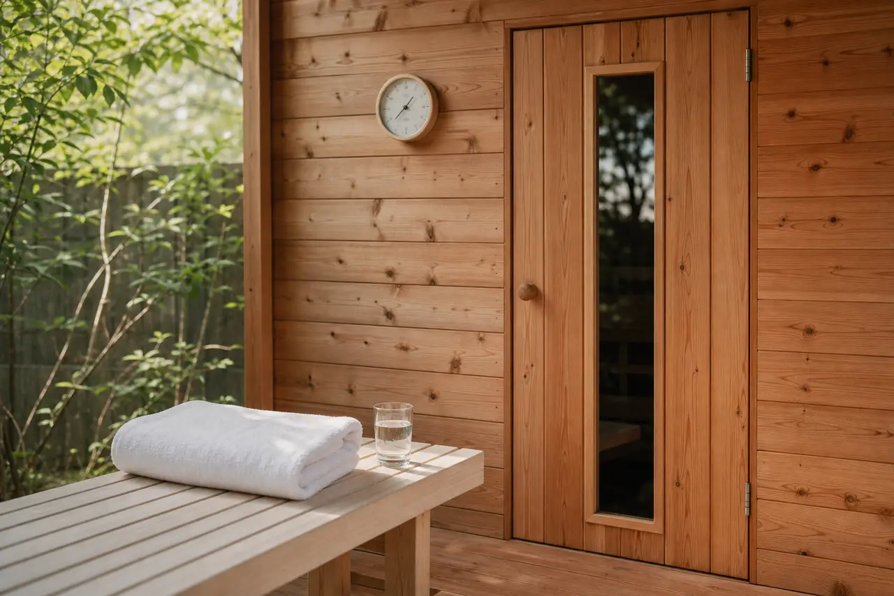 A folded towel and a glass of water on a wooden bench outside a cedar sauna door with a clock on the wall