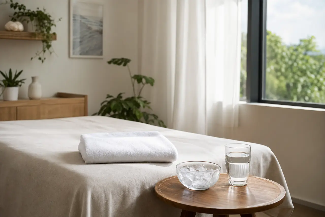 A folded towel on a treatment bed beside a bowl of ice and a glass of water on a small wooden table