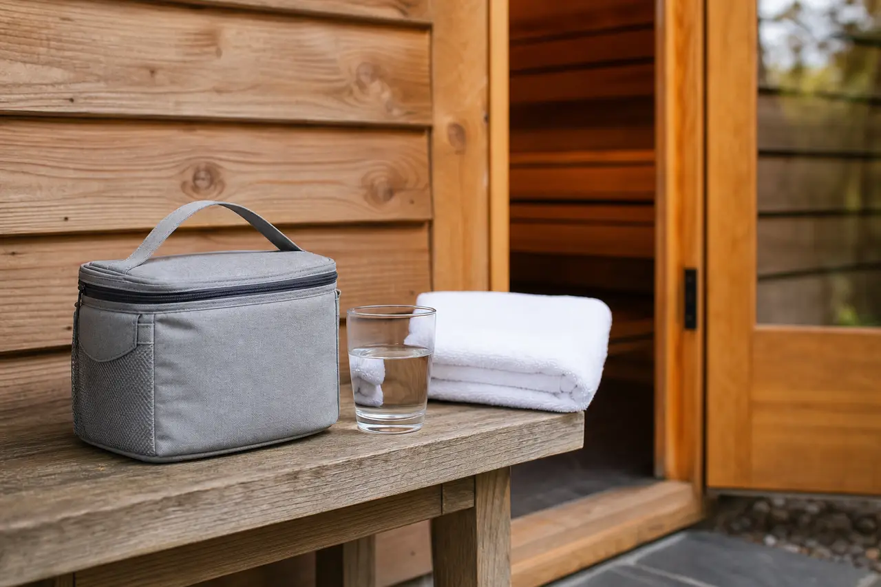 A grey insulated cool bag, a glass of water and a folded white towel on a wooden bench beside an open sauna door