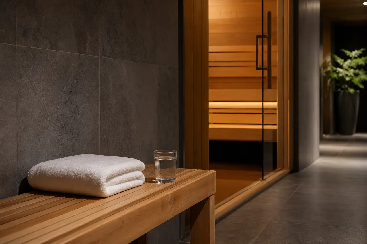 Illustration: a folded white towel and a glass of water on a cedar bench beside a softly lit sauna door