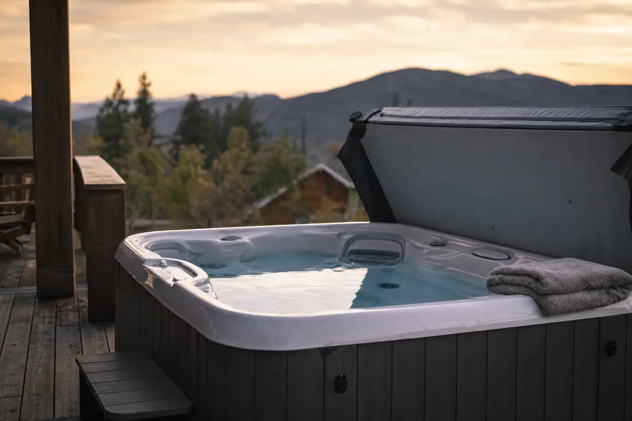 An outdoor hot tub with its cover lifted on a wooden deck at sunset, a folded towel on the edge