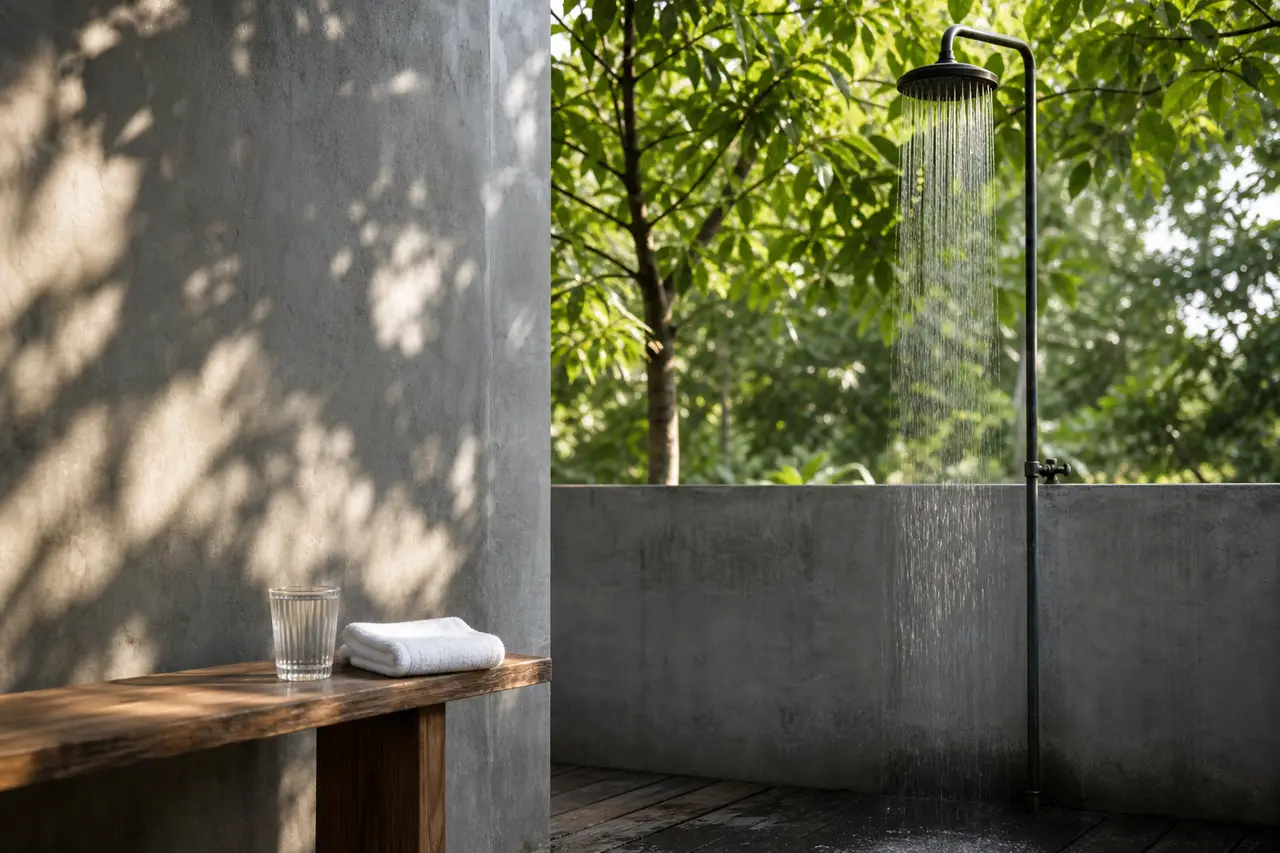 A glass of water and a folded white towel on a wooden bench beside an outdoor shower running under green trees