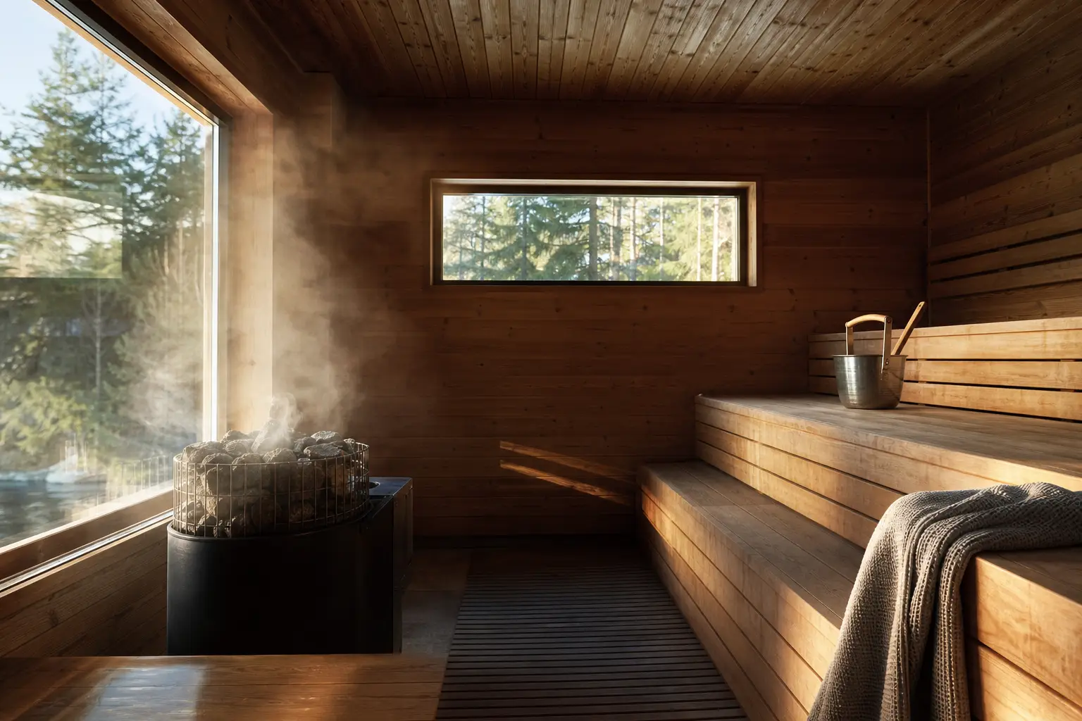 A warm wood-lined sauna with soft light and steam rising gently from the heater