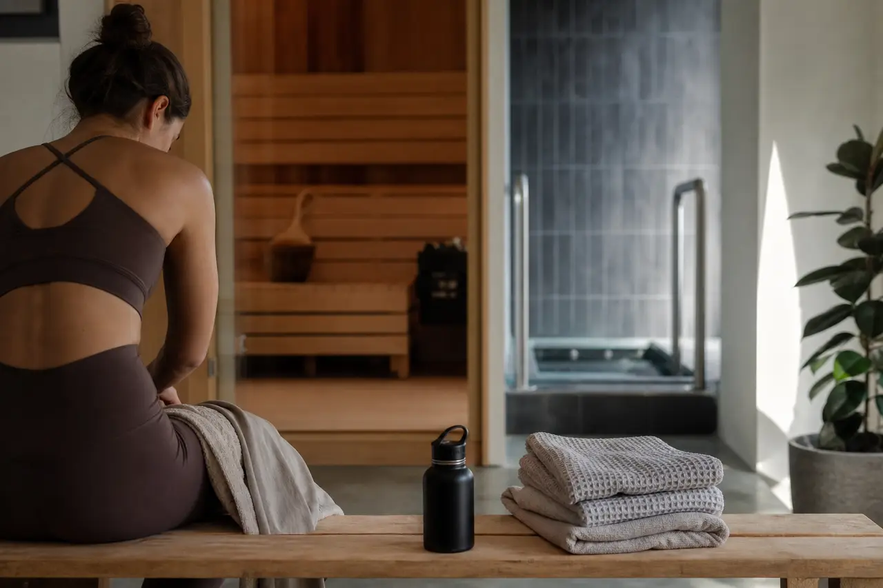 A quiet studio changing area with folded towels, a water bottle, and soft daylight