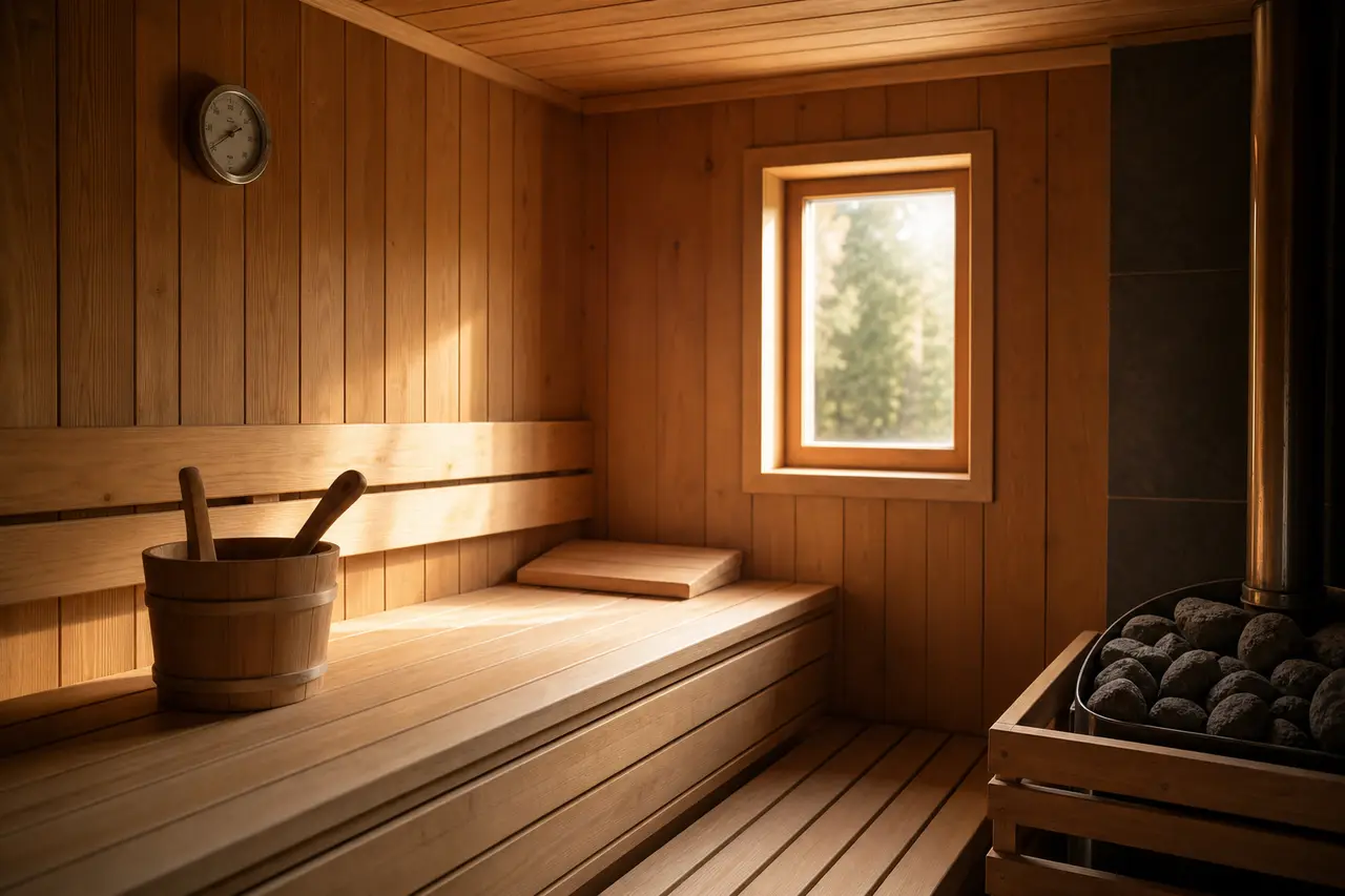 An empty sauna with a thermometer on the wall and warm light through a small window