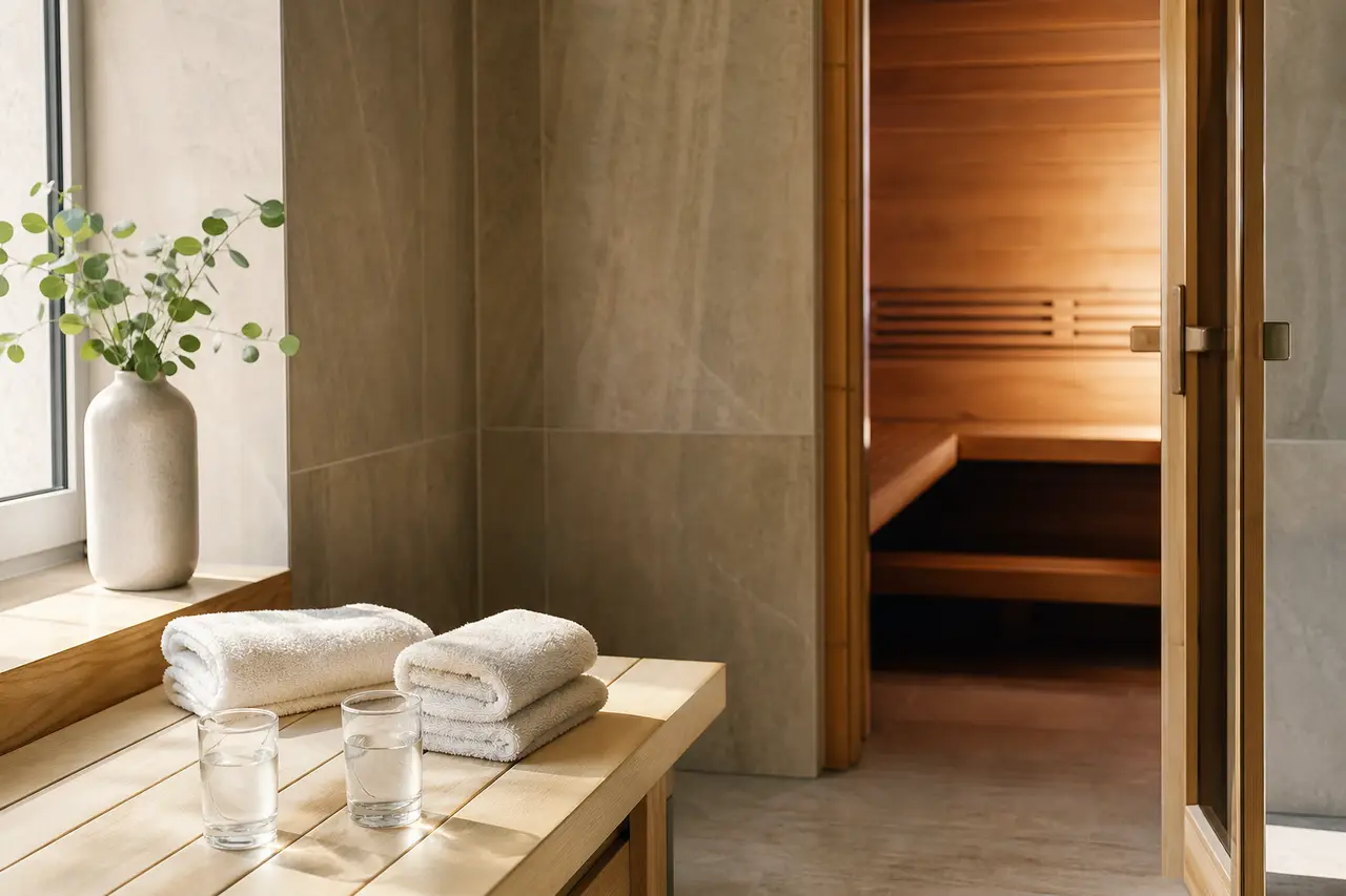 A quiet spa room with an empty wooden sauna door ajar, two folded towels and two glasses of water on a bench