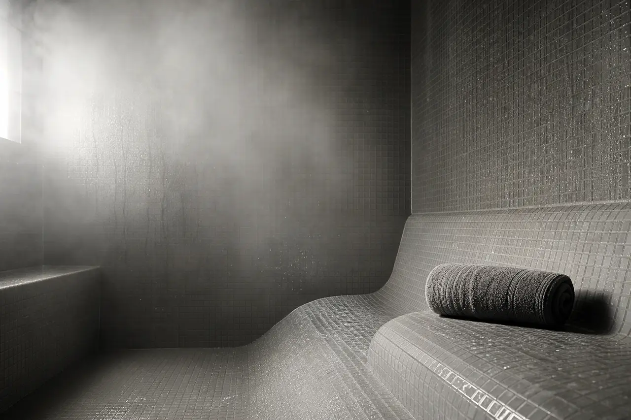 A steam room bench with condensation on tiled walls and soft diffused light