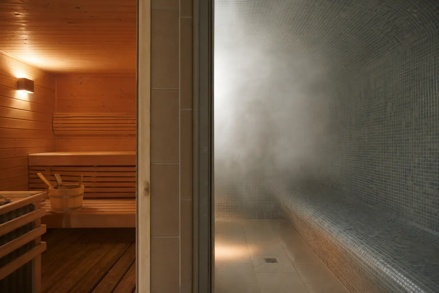A wooden dry sauna on one side and a tiled steam room filled with mist on the other, warm and inviting