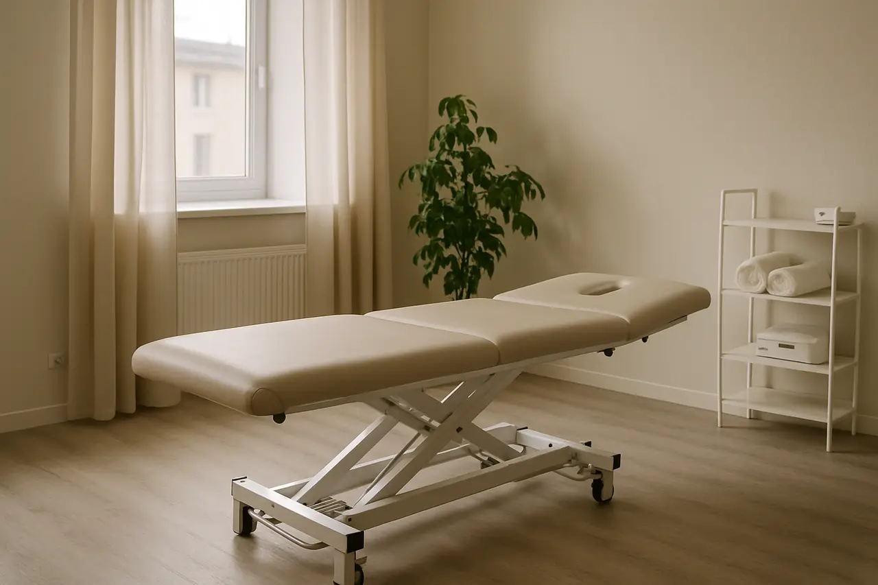 A quiet physiotherapy room with a treatment table beside a window and daylight across the floor
