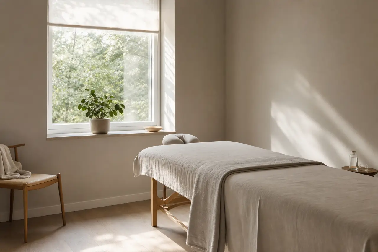 A plain treatment room with clean lines, natural daylight and no decoration