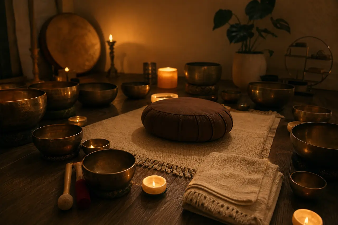 A dim room with singing bowls arranged around a cushion and blanket, warm low light