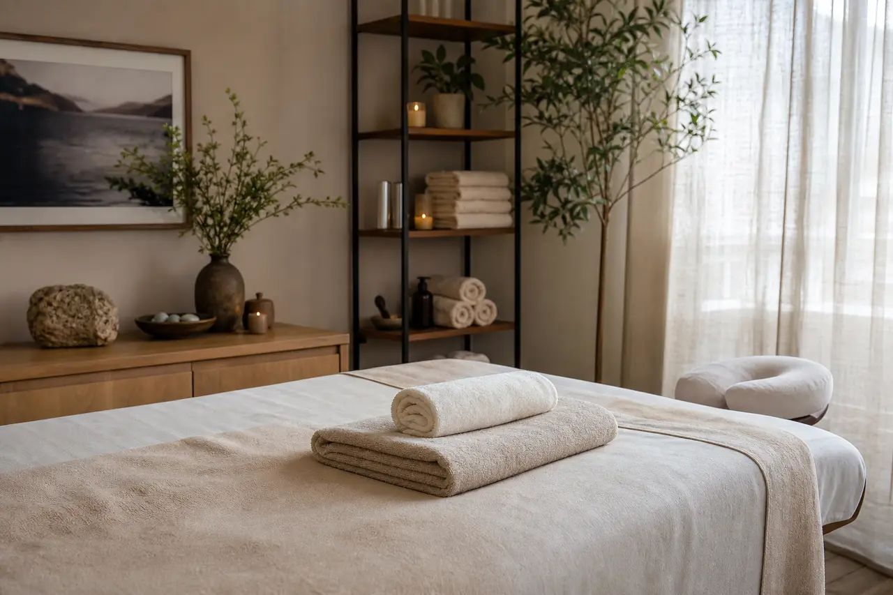 A quiet massage room with a made table, folded towels, and soft daylight through a linen curtain