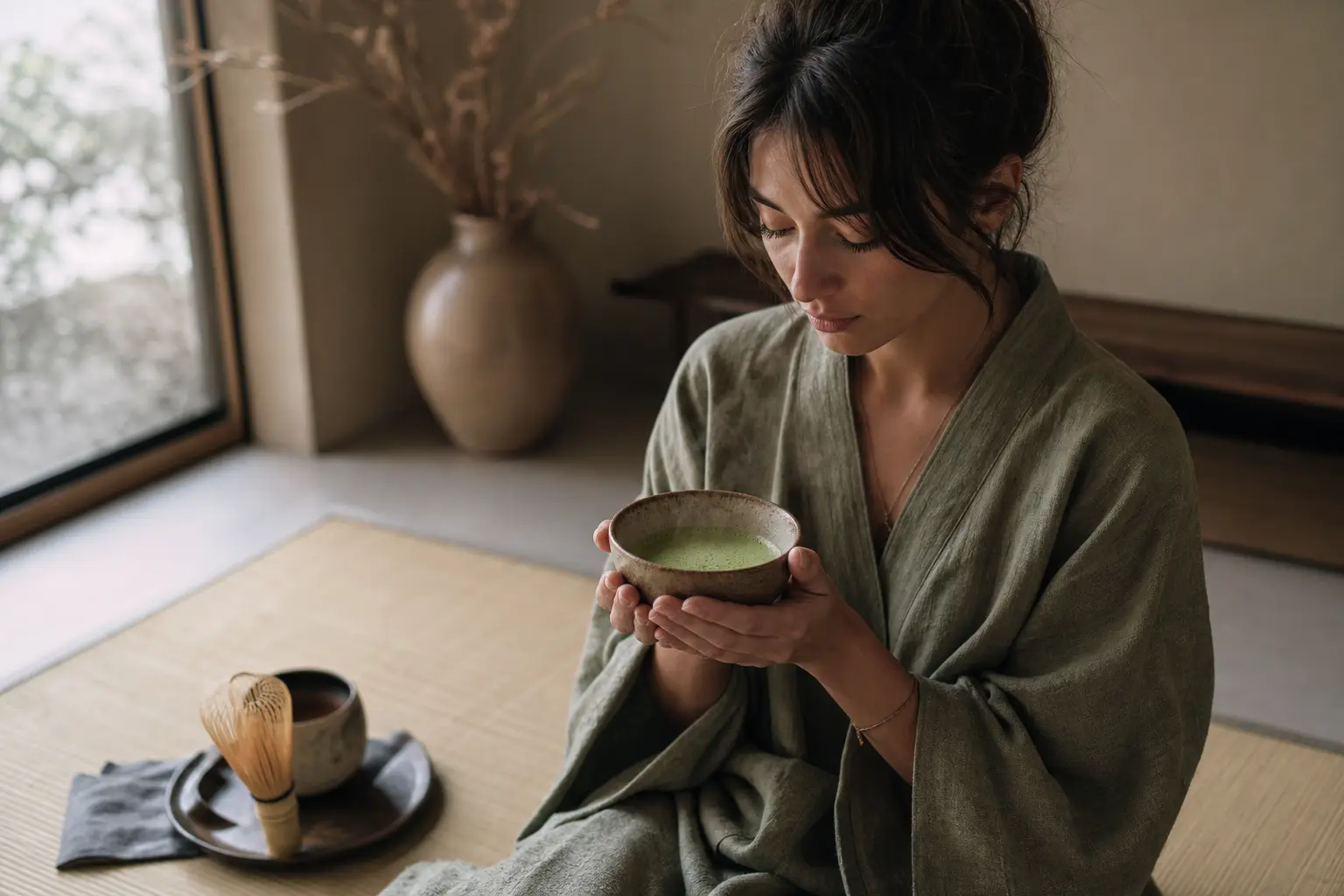 A person in a calm, minimalist room holding a ceramic bowl of matcha with both hands, steam rising, natural light from a window, tatami mat and bamboo whisk nearby