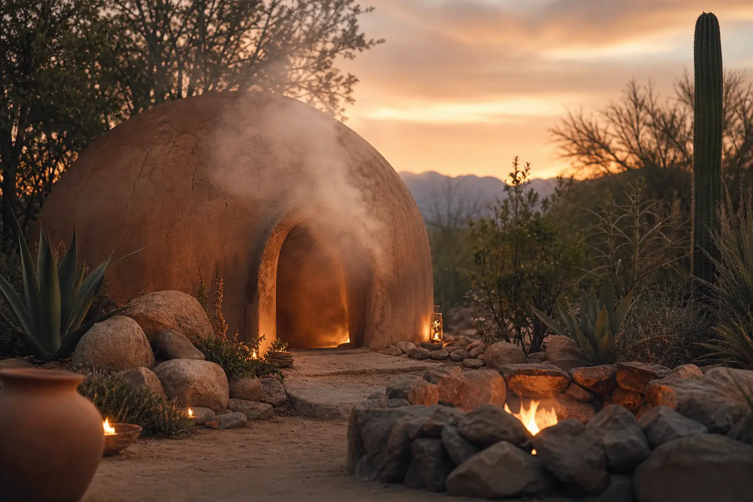 A domed adobe temazcal structure with steam rising from its opening at dusk, surrounded by desert plants and firelit stones, a quiet ceremonial space