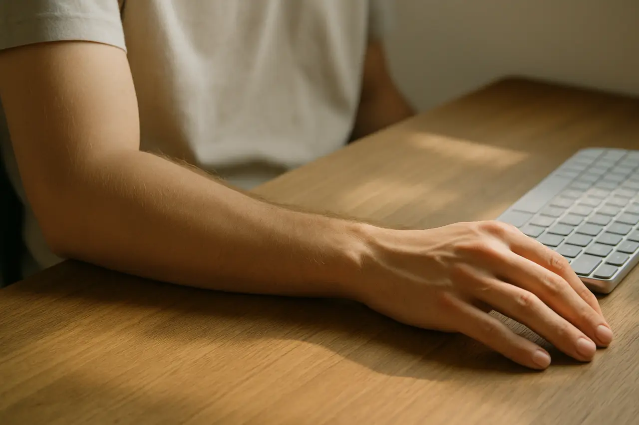 A forearm resting on a wooden desk beside a keyboard