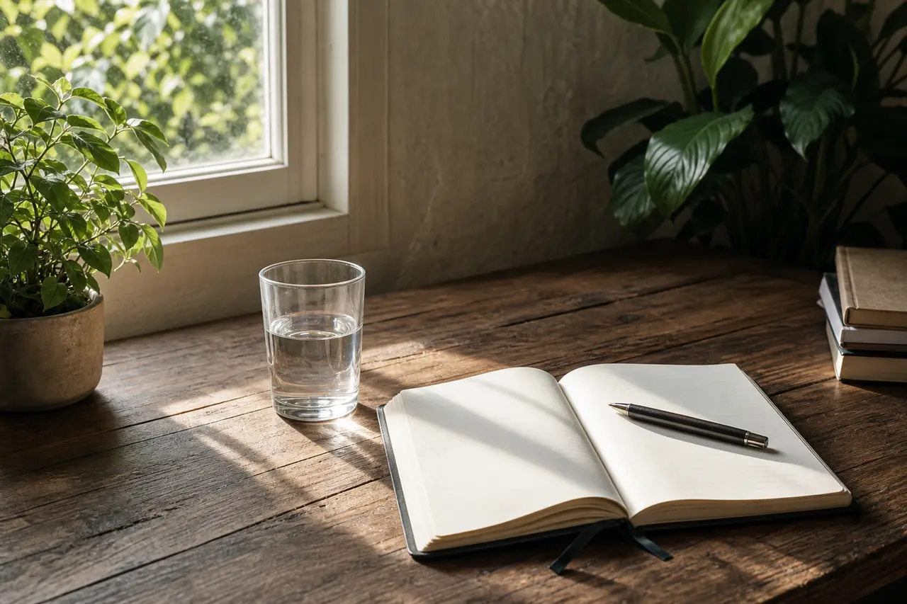 A calm figure-free study desk with a notebook, a glass of water and morning light