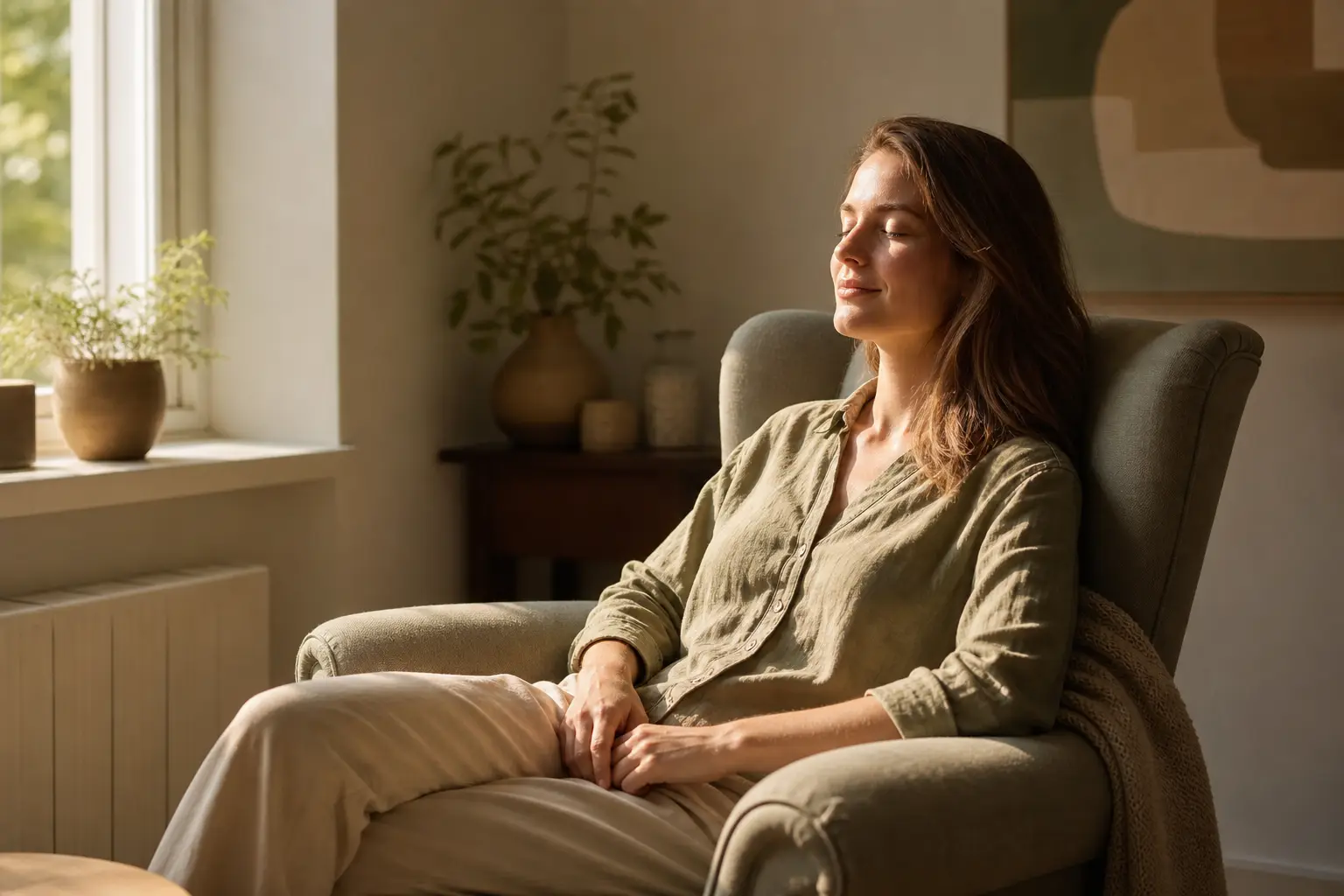 A person seated comfortably in a cushioned chair by a sunlit window, eyes gently closed, hands resting in lap, a quiet living room with warm afternoon light and minimal decor in the background