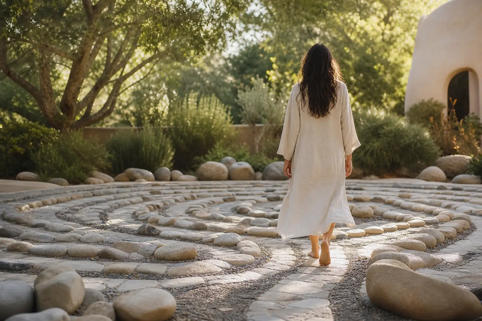A person walking barefoot along a stone labyrinth path in a quiet garden, soft morning light filtering through trees, serene and unhurried