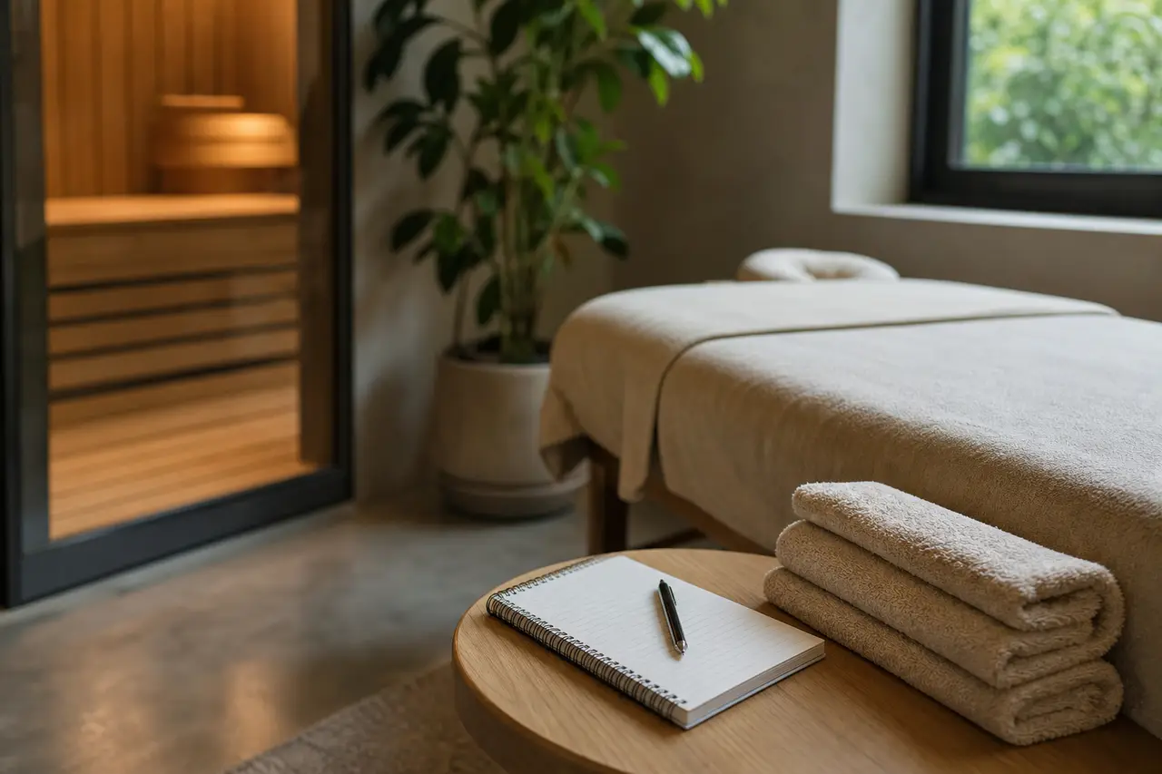 A calm treatment room with a notepad and pen on a side table beside folded towels