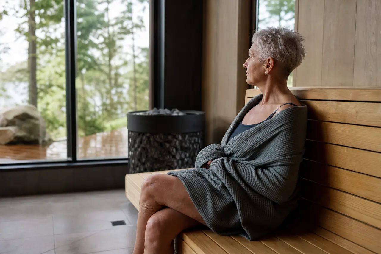 An older person sitting calmly on a bench in a warm, well-lit wellness studio