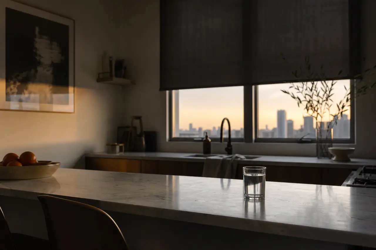 A quiet kitchen at dawn with blackout blinds half drawn and a glass of water