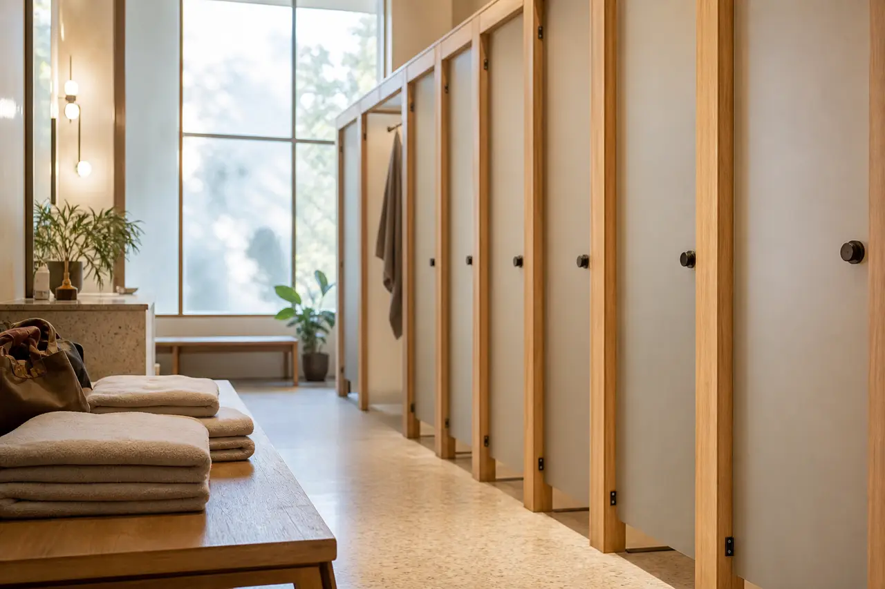 A quiet changing area with private cubicle doors, benches and folded towels