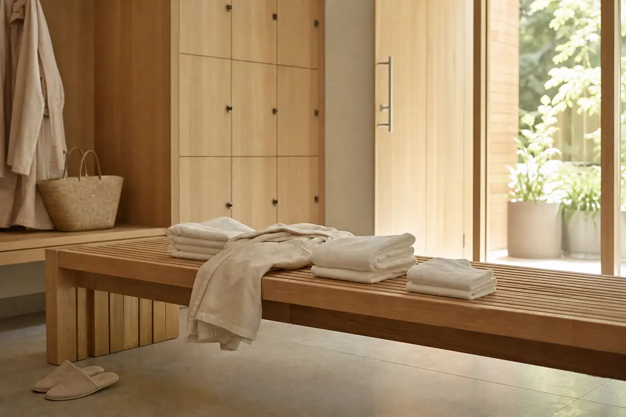A wide wooden bench with folded towels and robes in a calm, well-lit changing area