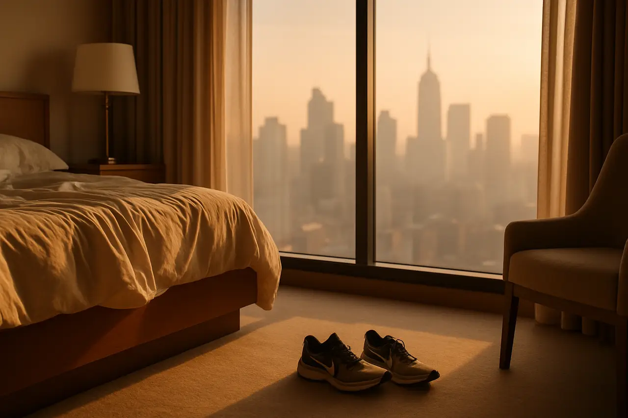 A quiet hotel room at dawn with running shoes by the window and city light outside