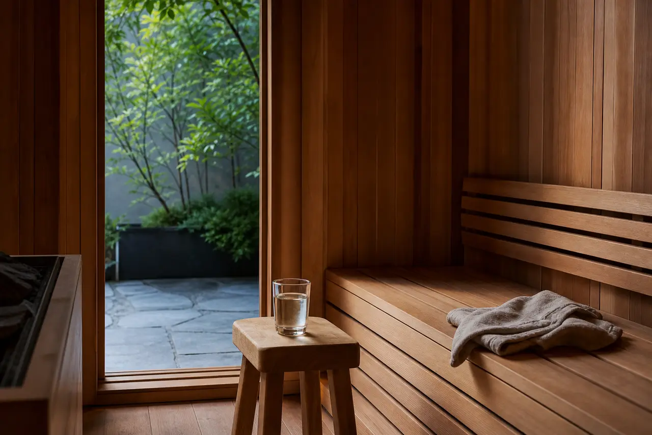 A cedar sauna with a glass of water on a small wooden stool by an open door to a shaded courtyard garden, a grey towel on the bench