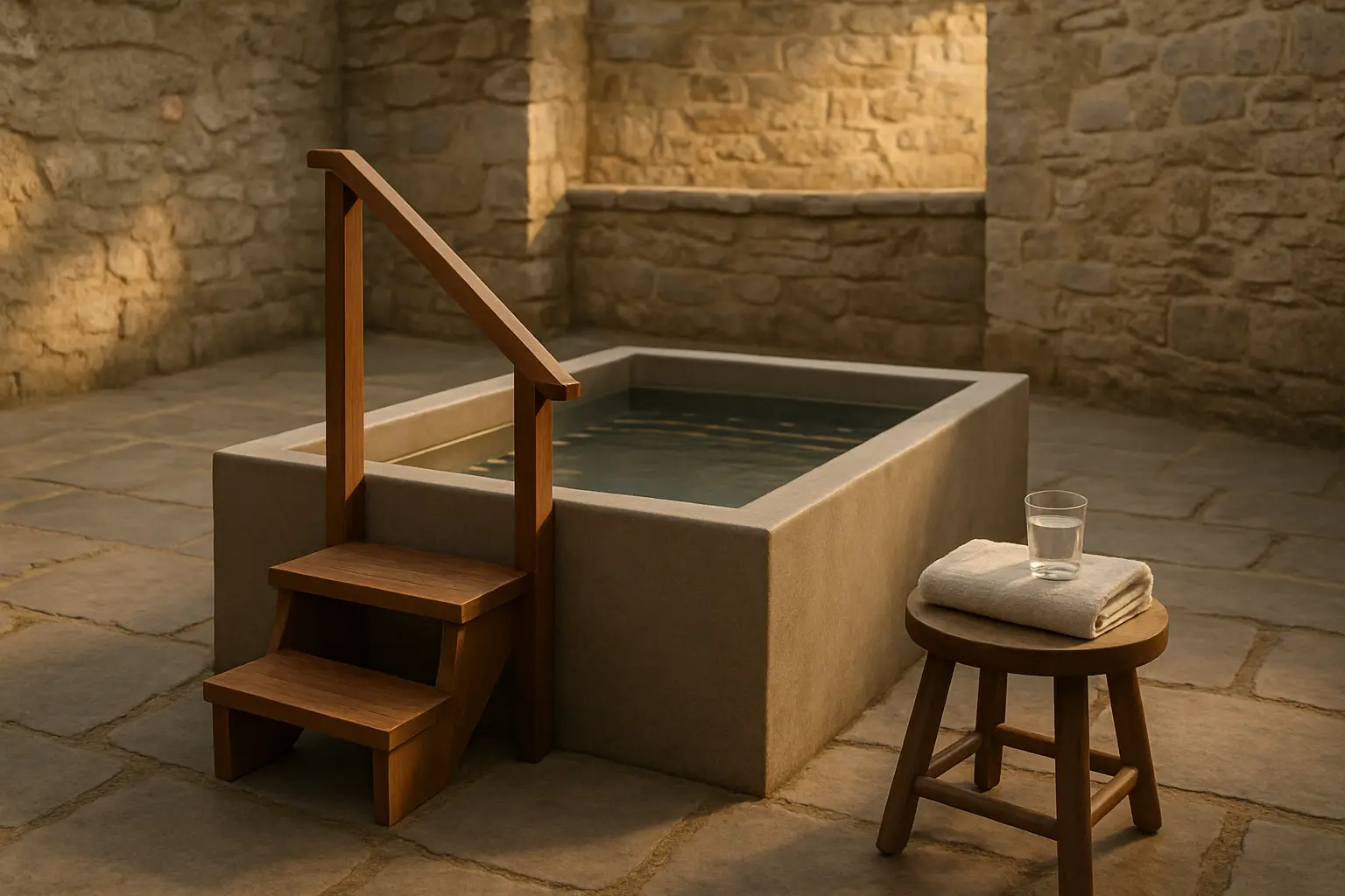 A cold plunge tub in a stone courtyard with a step, a rail, a towel and a glass of water beside it