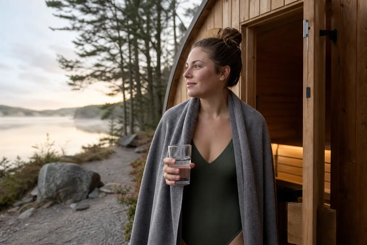 A woman stepping out of a lakeside sauna cabin at dawn with a towel over her shoulders and a glass of water in hand