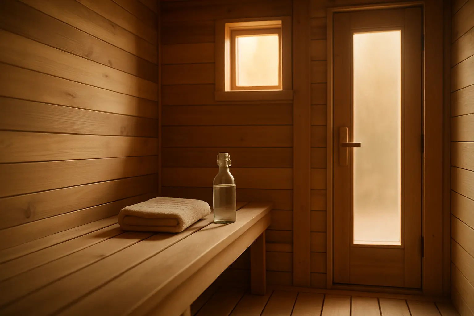 A cedar sauna bench with a full water bottle and a folded towel in warm window light