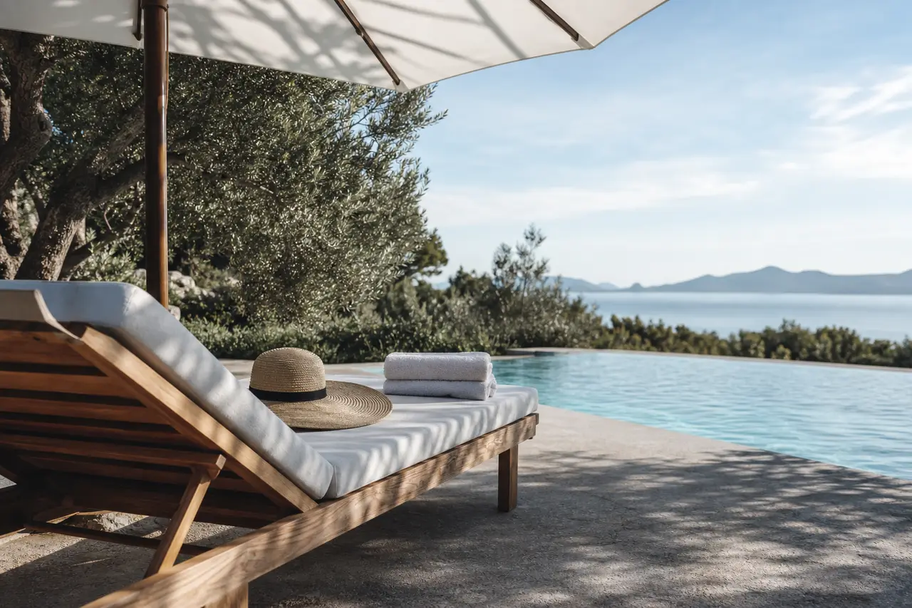 Illustration: a shaded wooden lounger with a wide-brimmed hat and a folded towel beside a quiet pool