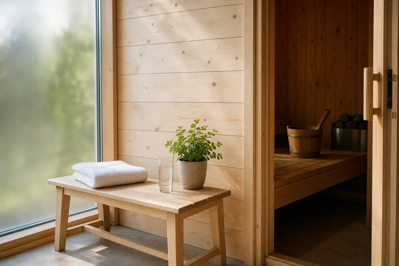 A pale wooden bench with a folded white towel, a glass of water and a small potted plant beside an open sauna door and a frosted window