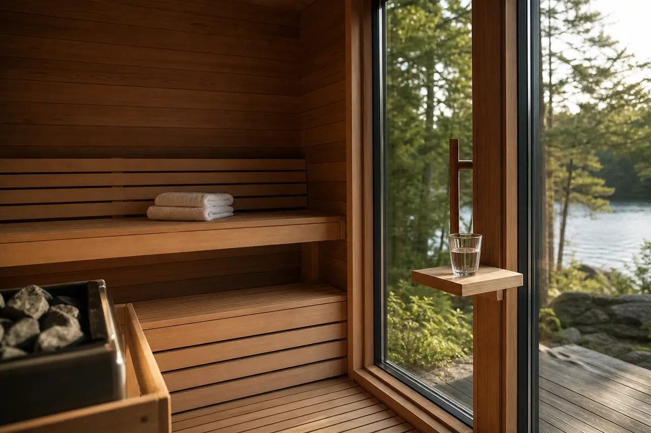 A cedar sauna with folded towels on the upper bench and a glass of water on a small shelf by a window onto trees and a lake
