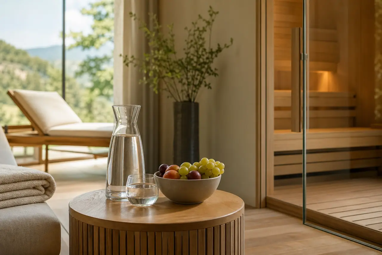 A carafe and a glass of water beside a bowl of grapes and plums on a round wooden table next to a glass sauna door