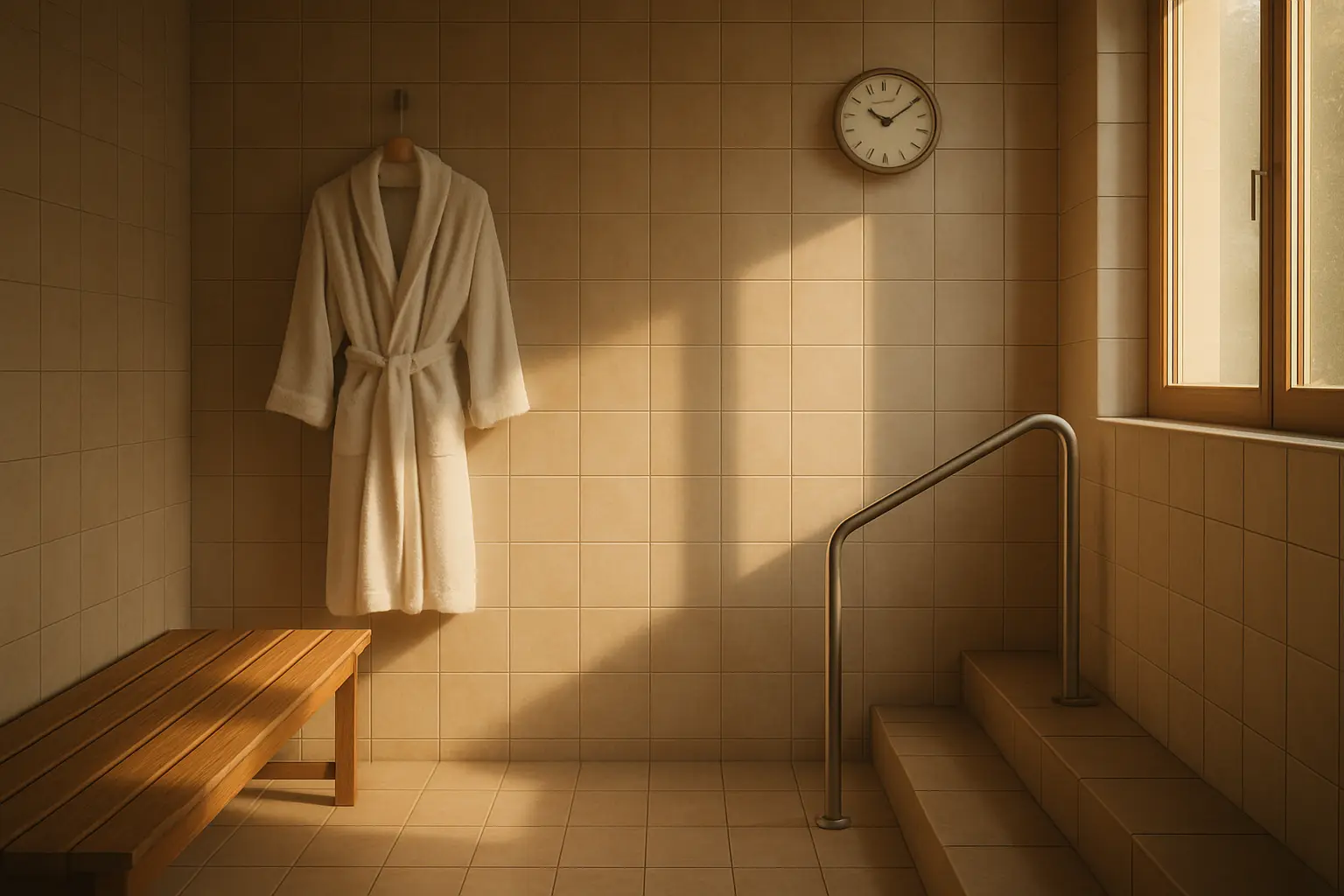 A sauna changing area with a wooden bench, a white robe on a hook and a handrail by the step