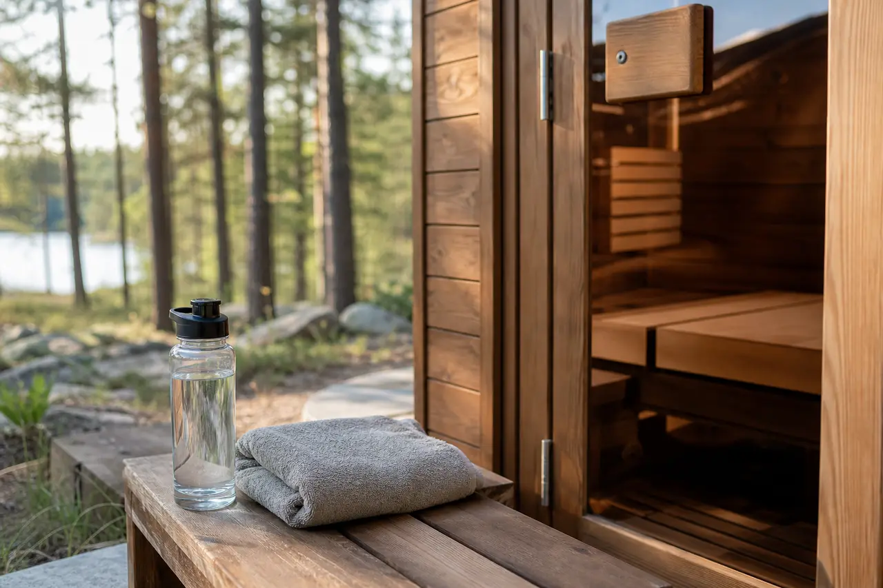 A full water bottle and a folded towel on a wooden bench beside the glass door of a cedar sauna, pine trees and a lake behind