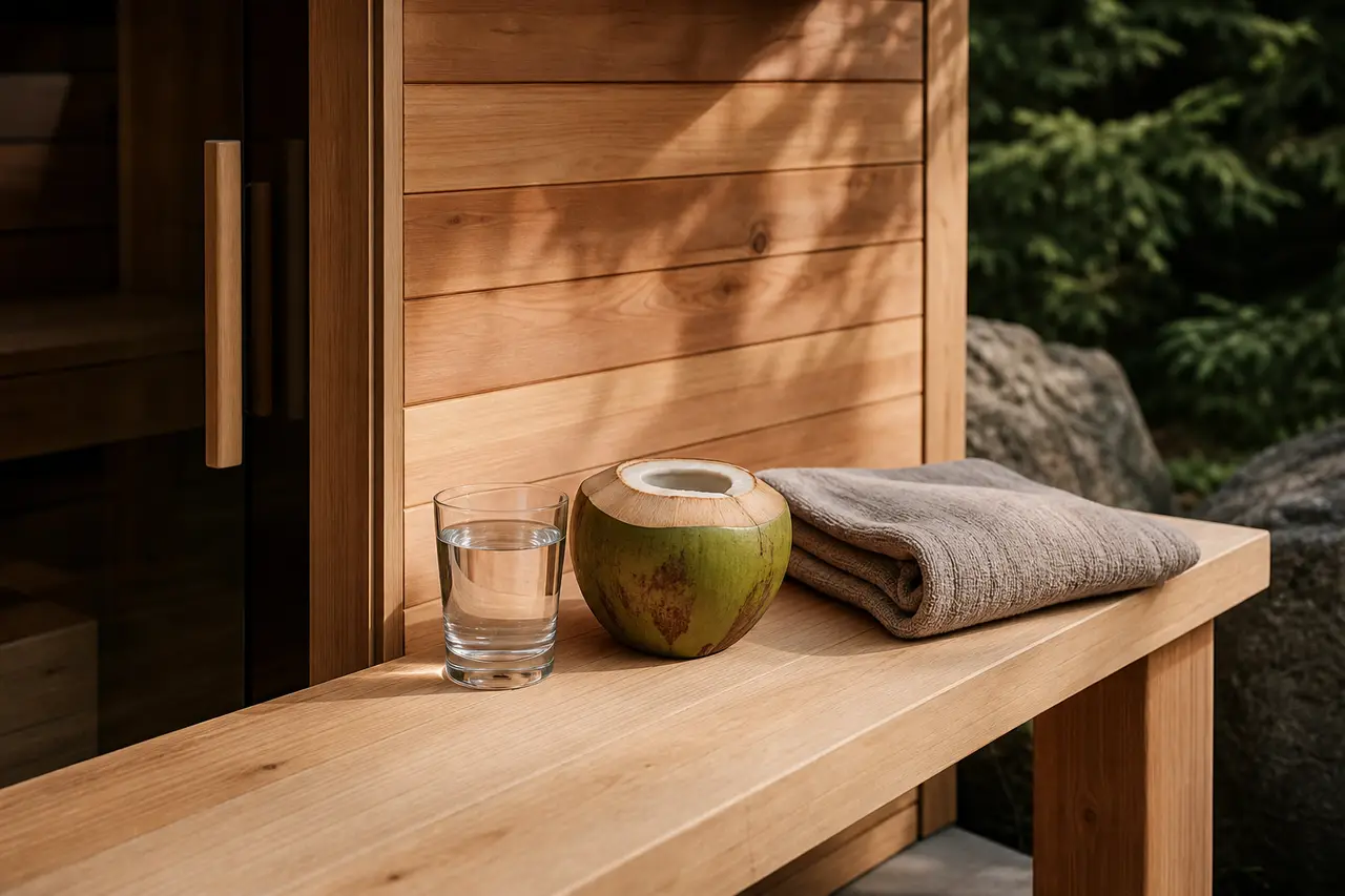 A glass of water, an opened green coconut and a folded towel on a wooden bench outside a sauna