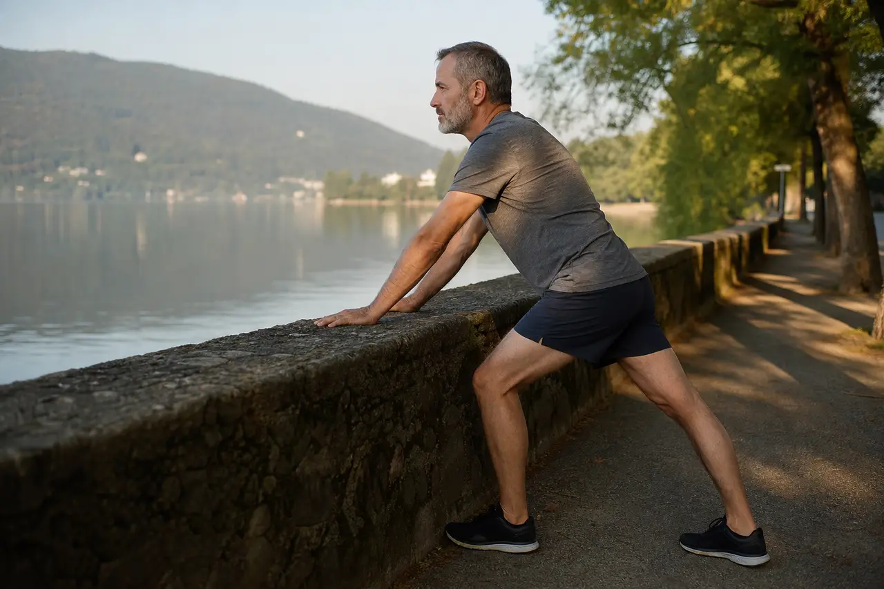 A grey-haired man stretching his calf against a low stone wall on a lakeside path in morning light
