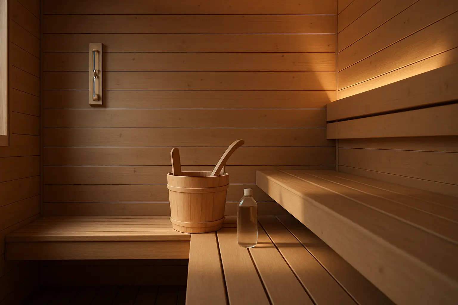 A wood-lined sauna interior with an hourglass timer on the wall and a water bottle on the bench