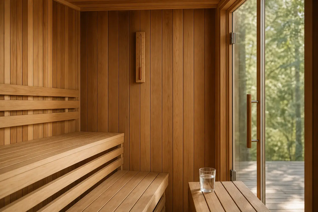 Illustration: an empty cedar sauna bench with a thermometer on the wall and a glass of water by the door