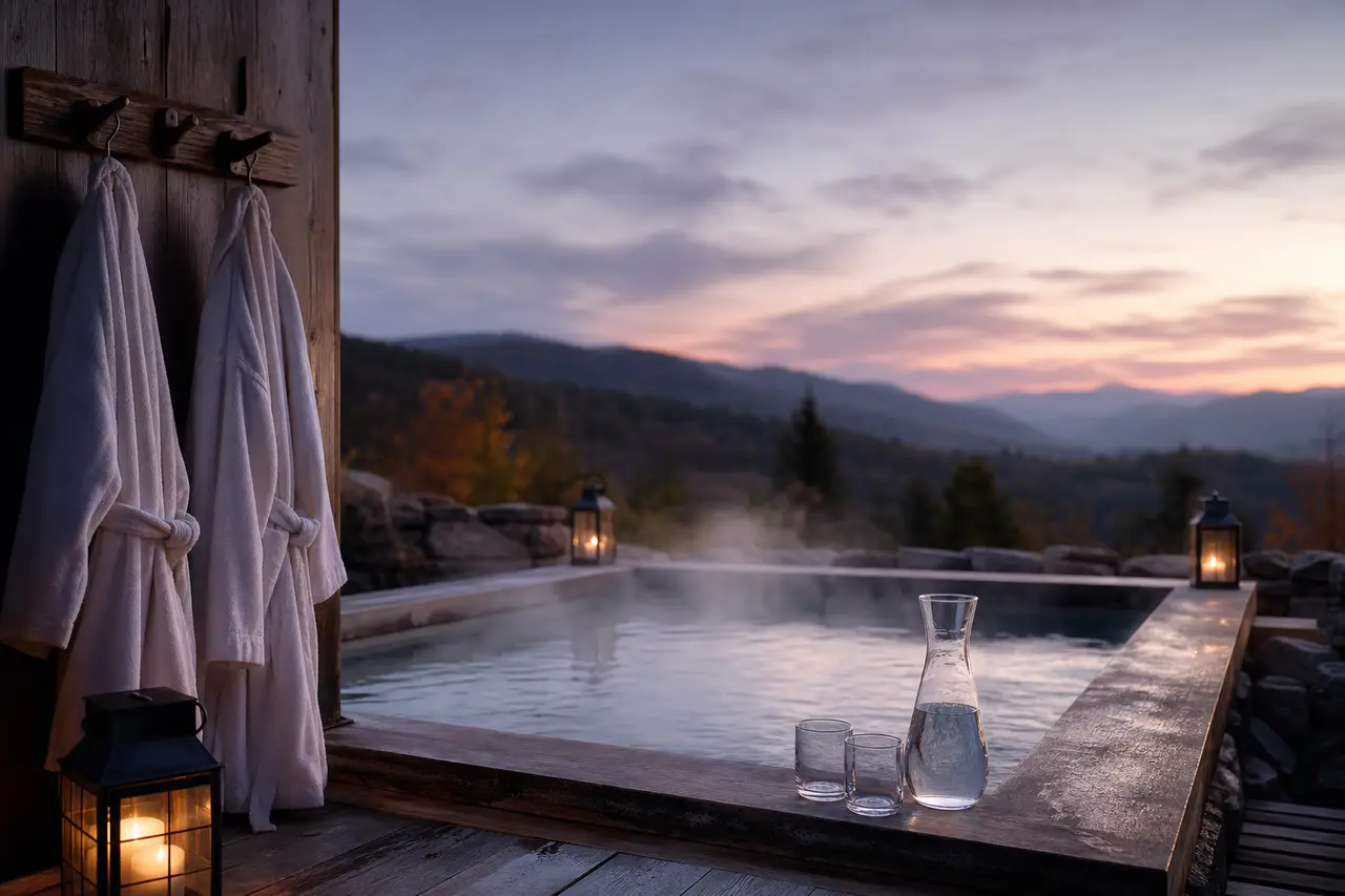 Illustration: two white robes on hooks beside a steaming outdoor hot tub at dusk, a carafe of water on the ledge